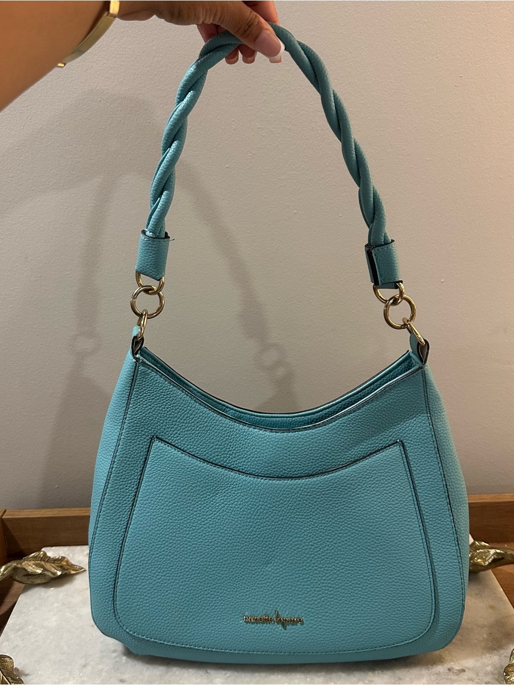 Nanette Lepore Teal Leather Braided-Handle Shoulder Bag